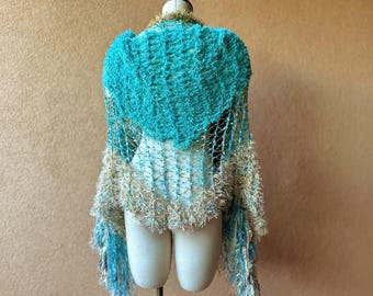 Hand Knit Teal Fringe Scarf: Sparkly Aqua Shawl Wrap