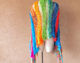 Shawl for Woman Gift. Neon Bright Colors Hand Knit Fringed Scarf