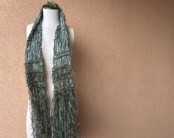 Sage Green Scarf Accessories Green Ribbon Scarf with Khaki Green Light Scarf with Fringe