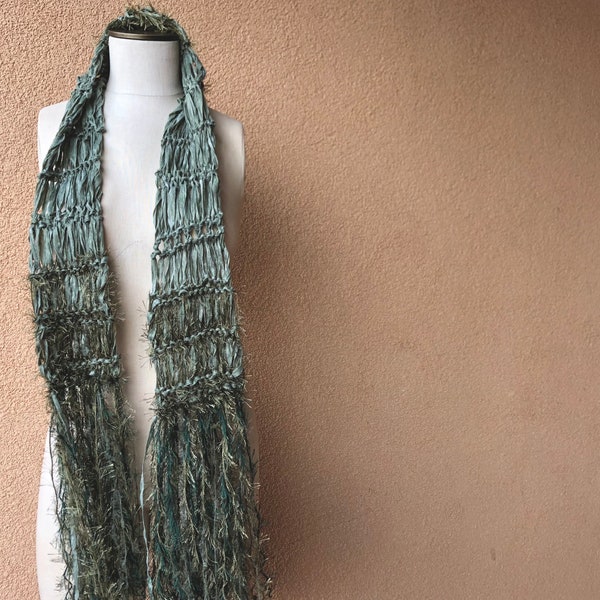 Sage Green Scarf Accessories Green Ribbon Scarf with Khaki Green Light Scarf with Fringe