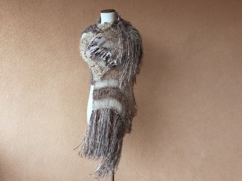 The Chosen Shawl on Mary Knit by Crickets Celeste Meyeres Taupe Brown Long Fringe Wrap Black Beige Shawl image 4