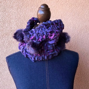 Hand Knit Purple Chenille Cowl Scarf with Furry Poms
