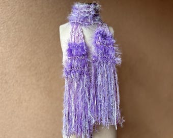 Hand Knit Lilac Purple Scarf: Light Purple with Fringe
