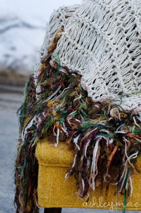 Hand Knit Throw Blanket Vegan Yarn Afghan With Thick Fringe