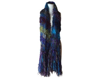 Peacock Wrap Long Scarf with Fringe in Purple, Teal Blue, Green (Shawl Large Scarf)