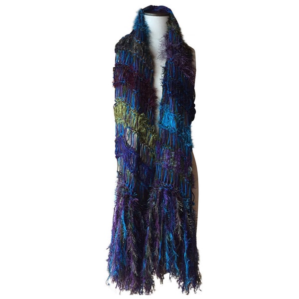 Peacock Wrap Long Scarf with Fringe in Purple, Teal Blue, Green (Shawl Large Scarf)