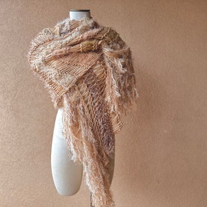 Soft Hand Knit Shawl for All Seasons Year Round Wear. Butterscotch Caramel and Cream Scarf