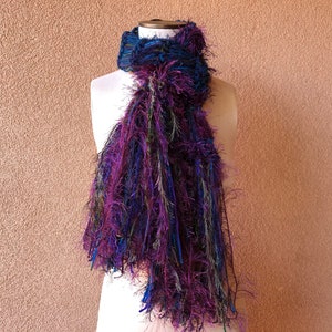 Peacock Scarf Blue Purple Green Teal Dark Violet Scarf, Long Scarf Hand Knit with Plum, Royal Purple and Maroon with Fringe image 3