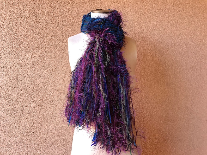 Peacock Scarf Blue Purple Green Teal Dark Violet Scarf, Long Scarf Hand Knit with Plum, Royal Purple and Maroon with Fringe image 3