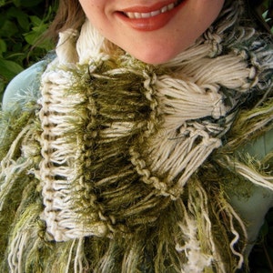 Moss Green Scarf with Irish Cream, Natural Colored Hand Knit with Fringe. Thick, Warm, Cream and Green Striped Scarf St Patricks Day Fashion image 4