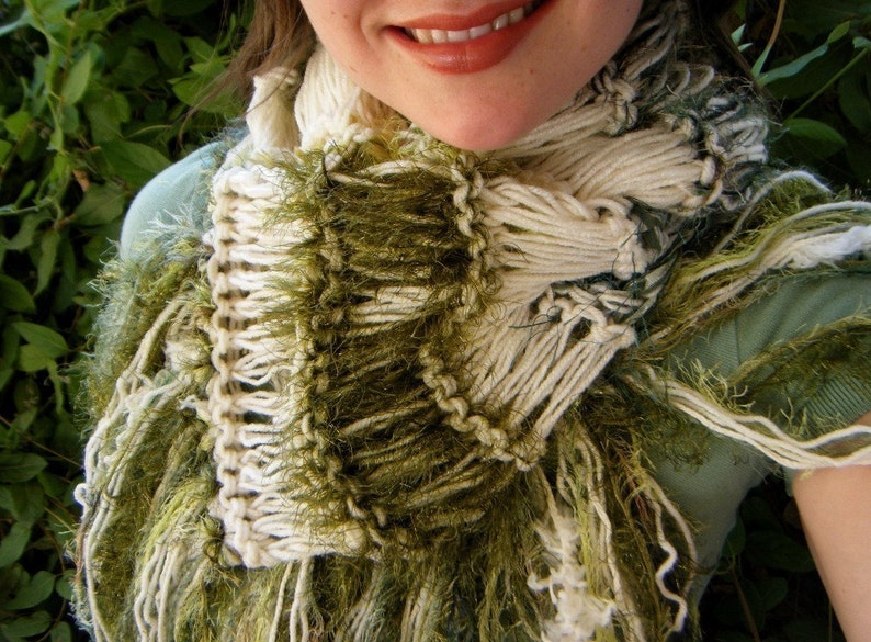 Moss Green Scarf with Irish Cream, Natural Colored Hand Knit with Fringe. Thick, Warm, Cream and Green Striped Scarf St Patricks Day Fashion image 4
