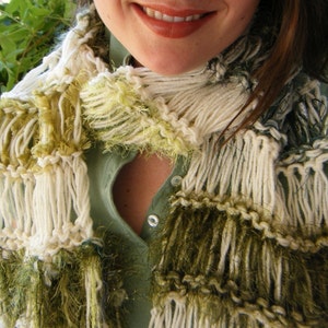 Moss Green Scarf with Irish Cream, Natural Colored Hand Knit with Fringe. Thick, Warm, Cream and Green Striped Scarf St Patricks Day Fashion image 5