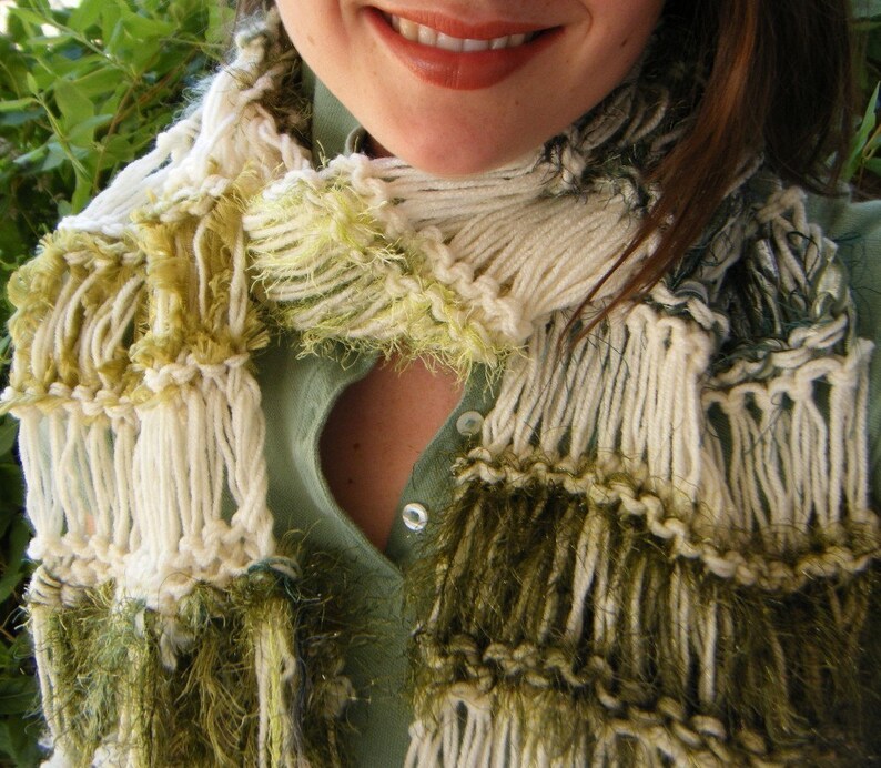 Moss Green Scarf with Irish Cream, Natural Colored Hand Knit with Fringe. Thick, Warm, Cream and Green Striped Scarf St Patricks Day Fashion image 5