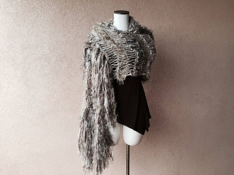 The Chosen Shawl on Mary Knit by Crickets Celeste Meyeres Taupe Brown Long Fringe Wrap Black Beige Shawl image 10