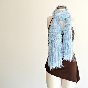 Light Blue Scarf, Blue Women Scarf, Pale Powder Blue Scarf with Fringe, Hand Knit Baby Blue Scarf