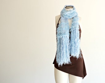 Light Blue Scarf, Blue Women Scarf, Pale Powder Blue Scarf with Fringe, Hand Knit Baby Blue Scarf