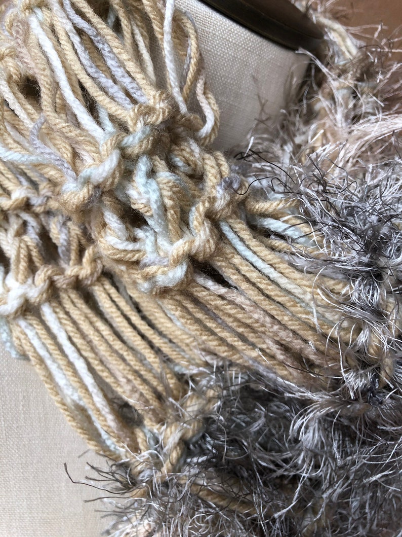 Earth Tones Scarf Chunky Knit Winter in Grey Ivory Taupe Beige Brown Tan by Stevie Nicks Designer Crickets Creations. Hand Knit with Fringe image 5