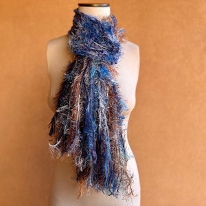 Scarf Knit Ribbon Scarf with Blue, Brown, White. Sparkle in Fringe Scarf. Long. Gift for Aquarius Gift for Pisces Gift image 5