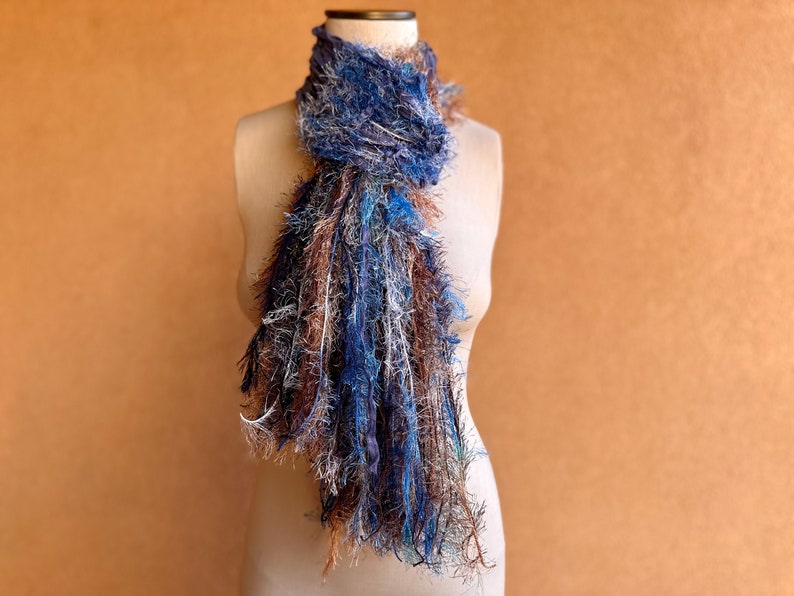 Scarf Knit Ribbon Scarf with Blue, Brown, White. Sparkle in Fringe Scarf. Long. Gift for Aquarius Gift for Pisces Gift image 5