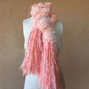 Long Scarf Peach Scarf Pastel Hand Knit Scarf. Fringed Chunky Knit Scarf, Cream and Peach Scarf, Peach and Cream Scarf