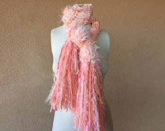 Long Scarf Peach Scarf Pastel Hand Knit Scarf. Fringed Chunky Knit Scarf, Cream and Peach Scarf, Peach and Cream Scarf