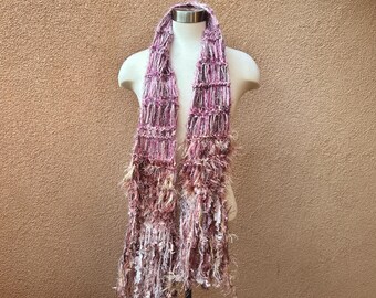 Mauve Fringe Scarf: Rose Gold, Vermilion Purple, Ivory - Vegan Fuzzy Texture and Ribbon Yarn