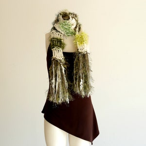 Moss Green Scarf with Irish Cream, Natural Colored Hand Knit with Fringe. Thick, Warm, Cream and Green Striped Scarf St Patricks Day Fashion image 3