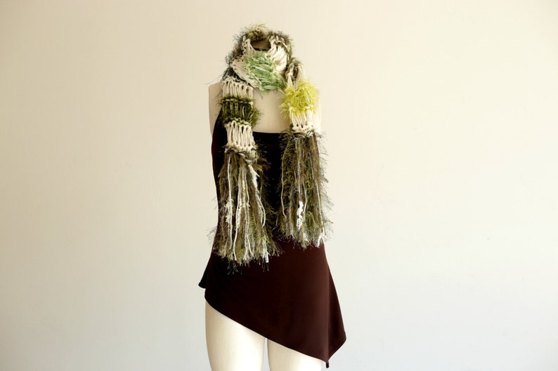 Moss Green Scarf with Irish Cream, Natural Colored Hand Knit with Fringe. Thick, Warm, Cream and Green Striped Scarf St Patricks Day Fashion image 3