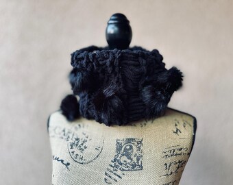 Black Chenille Scarf, Warm Infinity Hand Knit Cowl
