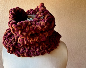 Cowl Scarf, Soft Chenille Scarf, Short Infinity Scarf, Hand Knit Scarf, Multicolor Scarf Boho Scarf