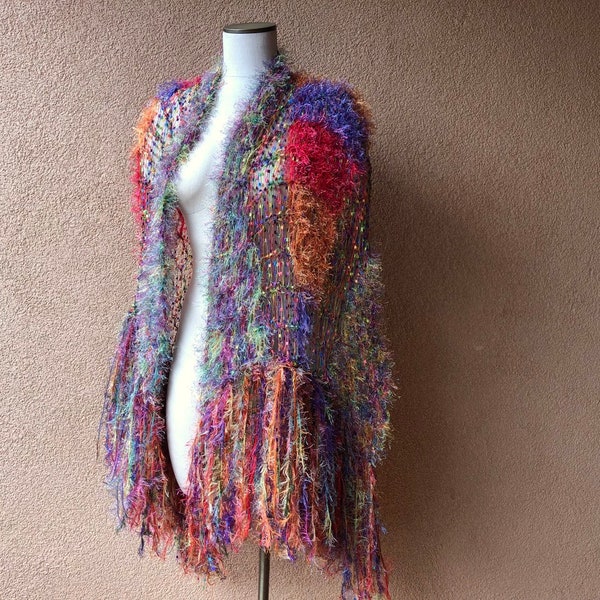 Verified Stevie Nicks Shawl Designer Hand Knit Gypsy Shawl Rainbow Calico Patchwork Hippie Shawl Fringe Shawl Bright Colors Multicolor Wrap