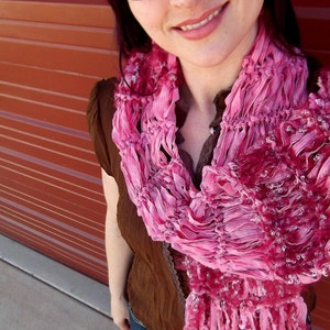 Pink Ribbon Scarf, Pretty Pink and Burgundy Soft Scarf with Long Fringe image 4