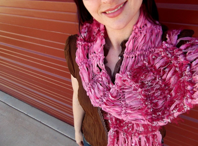 Pink Ribbon Scarf, Pretty Pink and Burgundy Soft Scarf with Long Fringe image 4