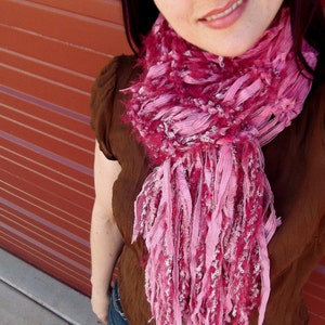 Pink Ribbon Scarf, Pretty Pink and Burgundy Soft Scarf with Long Fringe image 3