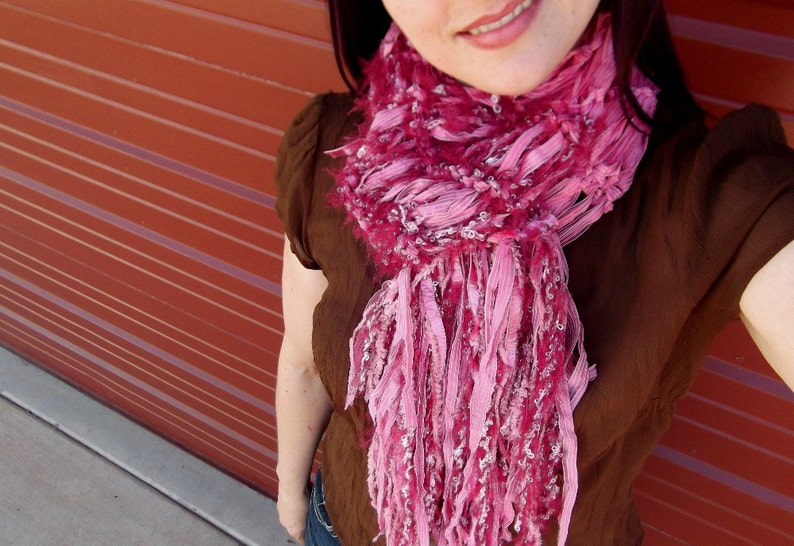 Pink Ribbon Scarf, Pretty Pink and Burgundy Soft Scarf with Long Fringe image 3