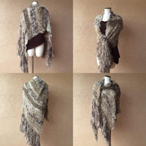 The Chosen Shawl on Mary Knit by Crickets Celeste Meyeres Taupe Brown Long Fringe Wrap Black Beige Shawl image 2