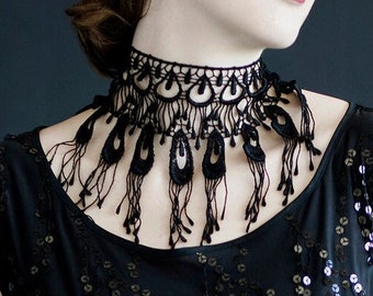 La Plume Lace Choker by Kambriel - Long Black Peacock Lace - Brand New & Ready to Ship!