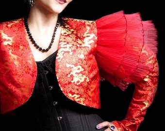 One of a Kind Crimson Dragon Silk Bolero by Kambriel ~ Fashion Show Featured Design ~ Dramatic Fortuny Pleated Sleeves