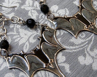 The Bats Have Left the Belltower ~ Original Vintage 1980s Gothic New Wave Earrings with Enamelled Bats & Beaded Accents