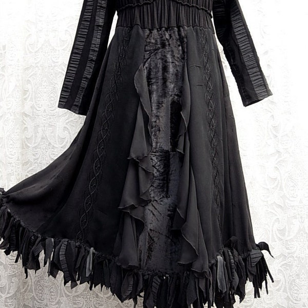 One of a Kind Black Patchwork Witch Tunic Dress by Kambriel - Mid-Length All Vintage Fabrics w/Gathered Bodice, Flared Skirt & Tattered Hem