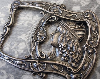 Vintage French Art Nouveau Brooch ~ Custom Made from Silverplated Frame Top w/ Mystical Byzantine Lady