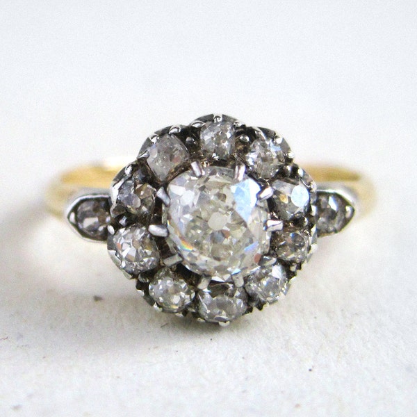 Reserved - do not buy: Antique Engagement Ring with est. 1.14cttw VS2 Cushion Cut or Mine Cut Diamonds in 18k Gold, c. 1830