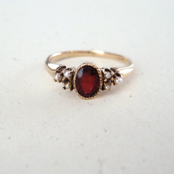 Antique Victorian Garnet and Seed Pearl 10k Yellow Gold Ring