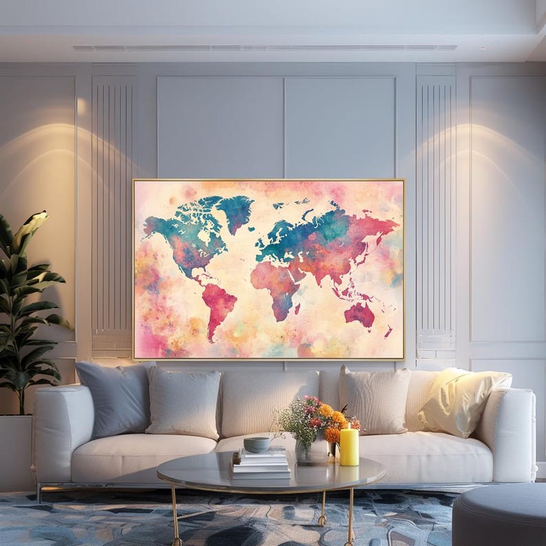 Spring Pastel Watercolor World Map Canvas Vibrant Abstract Travel Art ...