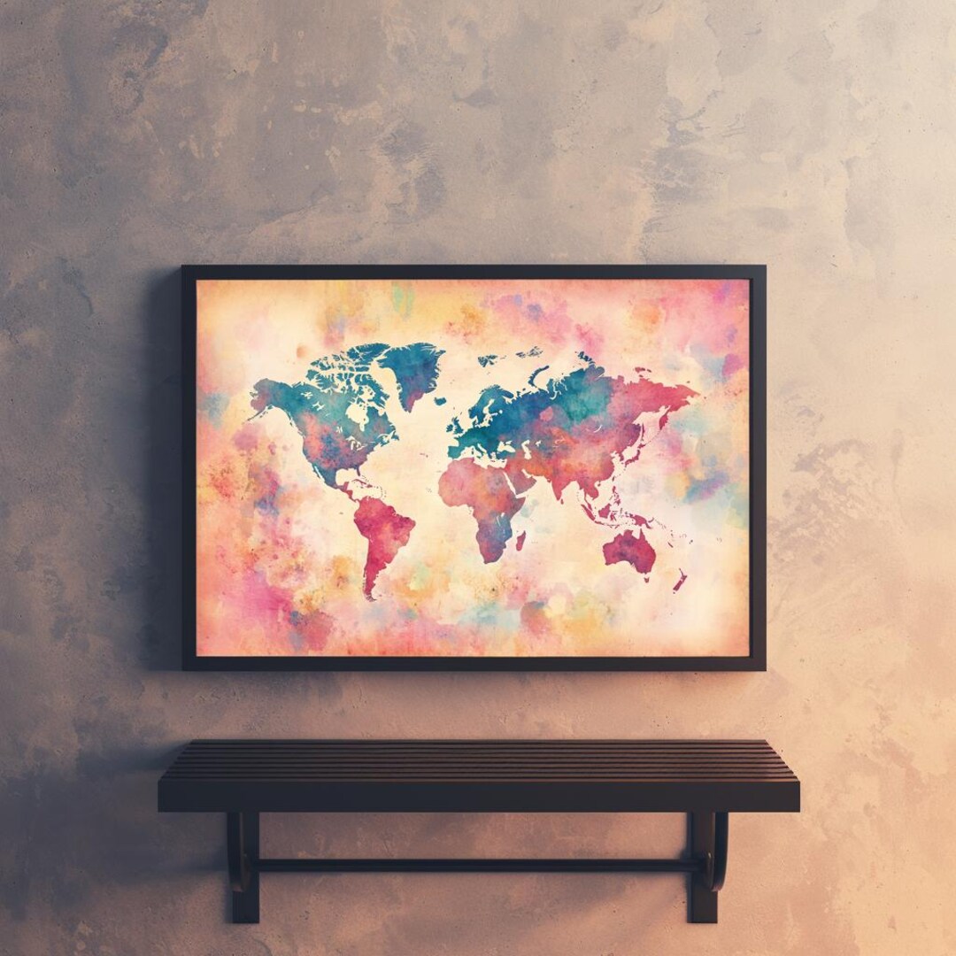 Spring Pastel Watercolor World Map Canvas Vibrant Abstract Travel Art ...