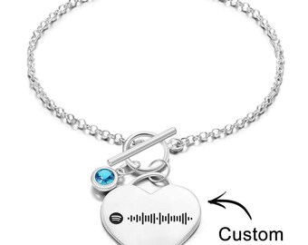 Custom Spotify Code Heart Bracelet with Birthstone Creative Gift for Women
