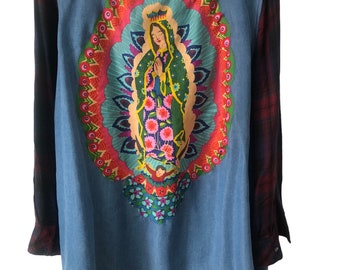 Upcycled Plaid Shirt Virgen de Guadalupe
