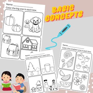 May include: Black and white printable worksheet for kids to practice identifying the biggest, tallest, and smallest objects. The worksheet includes images of pumpkins, dogs, backpacks, houses, trees, cups, seashells, birds, watermelons, and flowers.