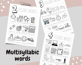 Printable multisyllabic words List, coloring activity for preschoolers, articulation, phonological awareness worksheet, phonemic awareness