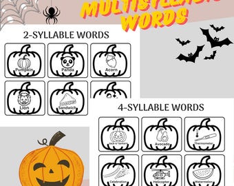 Fall Autumn Halloween theme Multisyllabic Word List Preschool kindergarten Printable coloring page